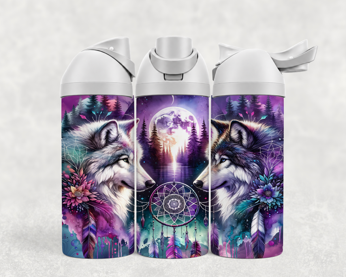 Bouteille Wave 24 oz personnalisée avec loups, pleine lune et capteur de rêves mauve