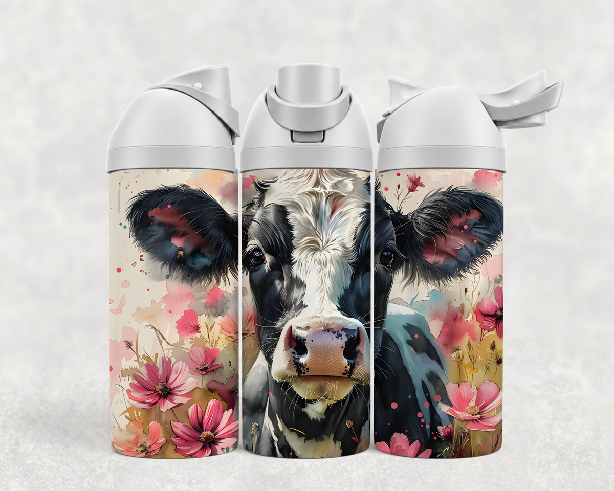 Bouteille Wave 24 oz personnalisée – Vache noire et blanche et fleurs roses