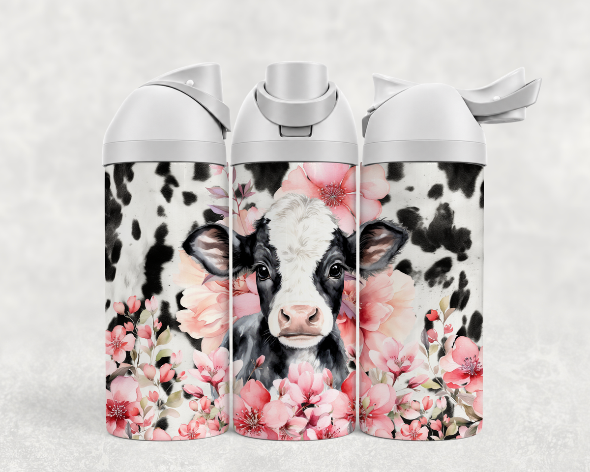 Bouteille Wave 24 oz personnalisée – Motif vache et fleurs roses