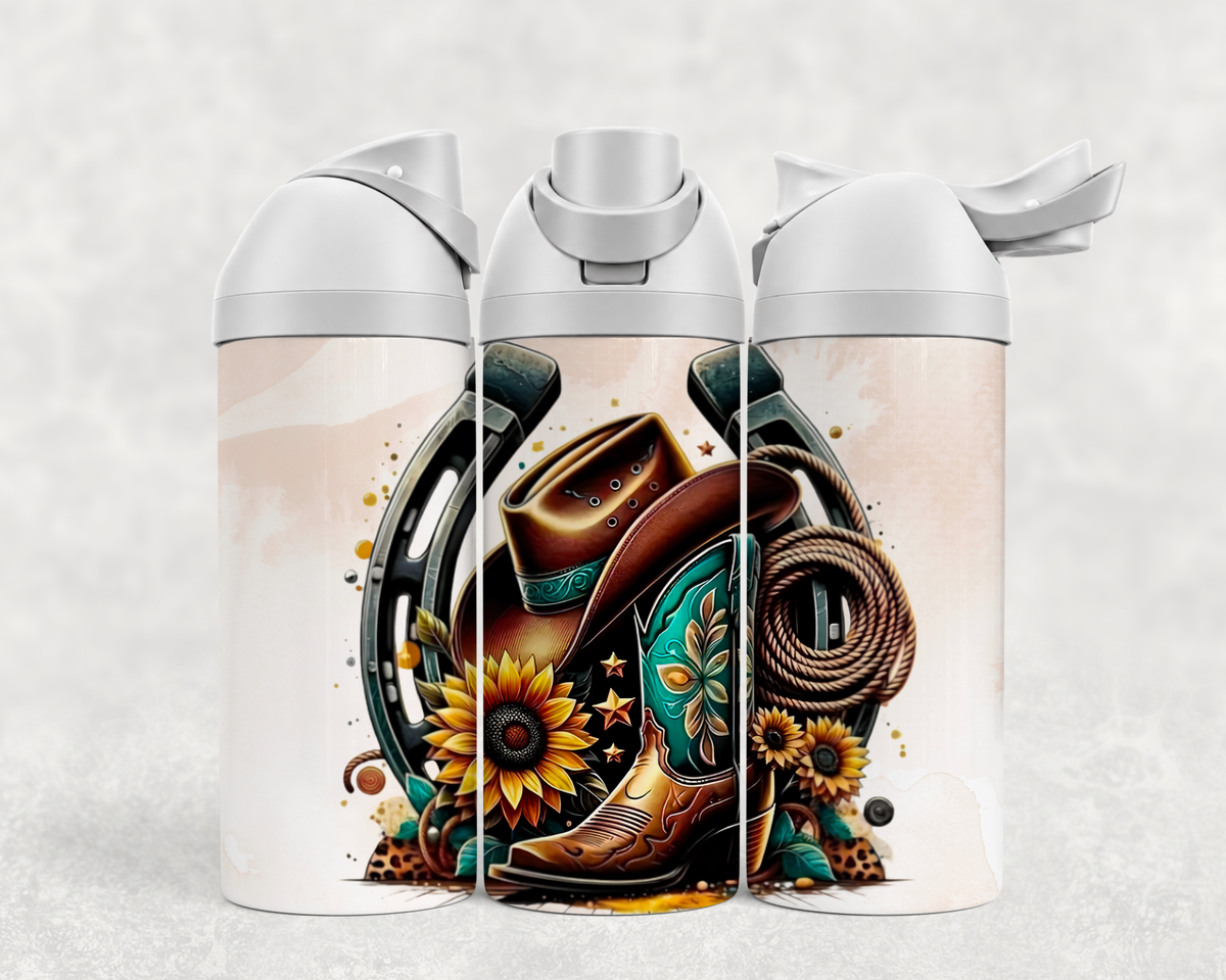Bouteille Wave 24 oz personnalisée – Botte western, chapeau, fer à cheval et tournesol