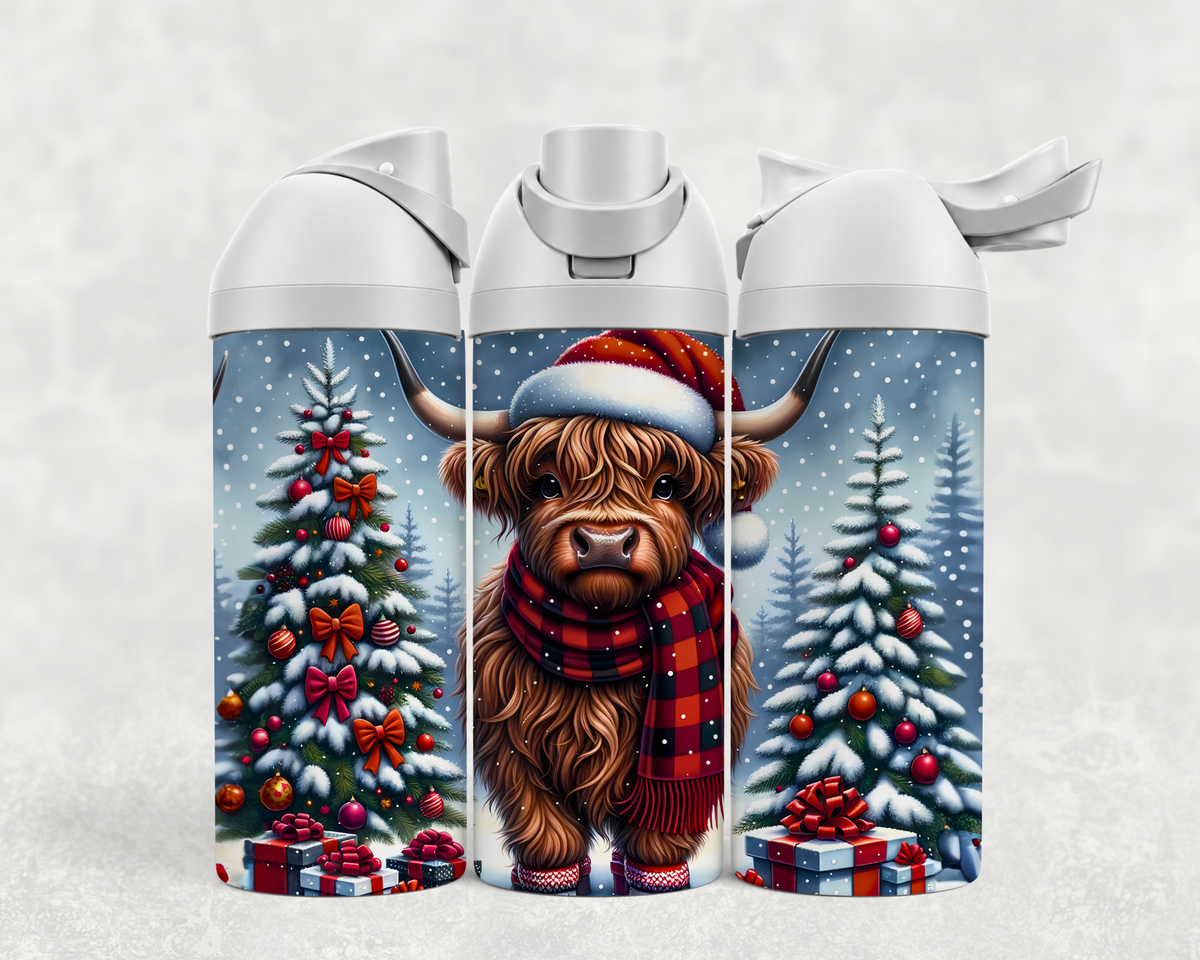 Bouteille Wave 24 oz personnalisée – Bébé Highland de Noël, foulard et sapins