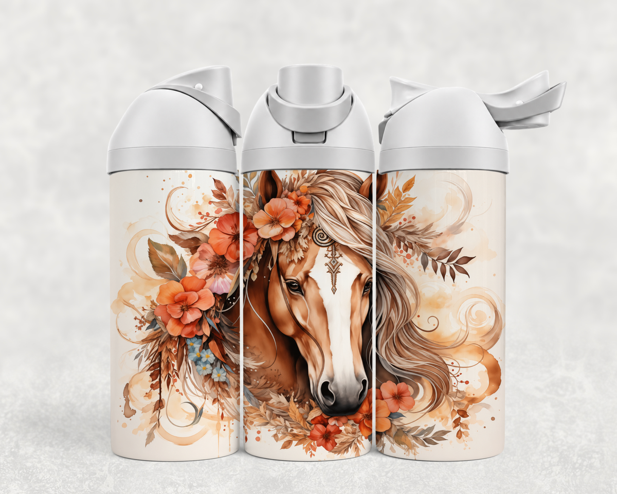 Bouteille Wave 24 oz personnalisée – Cheval aux fleurs orangées et pêche