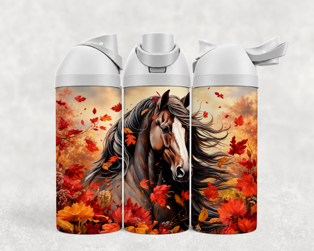 Bouteille Wave 24 oz personnalisée – Cheval noir et feuilles d'automne rouges