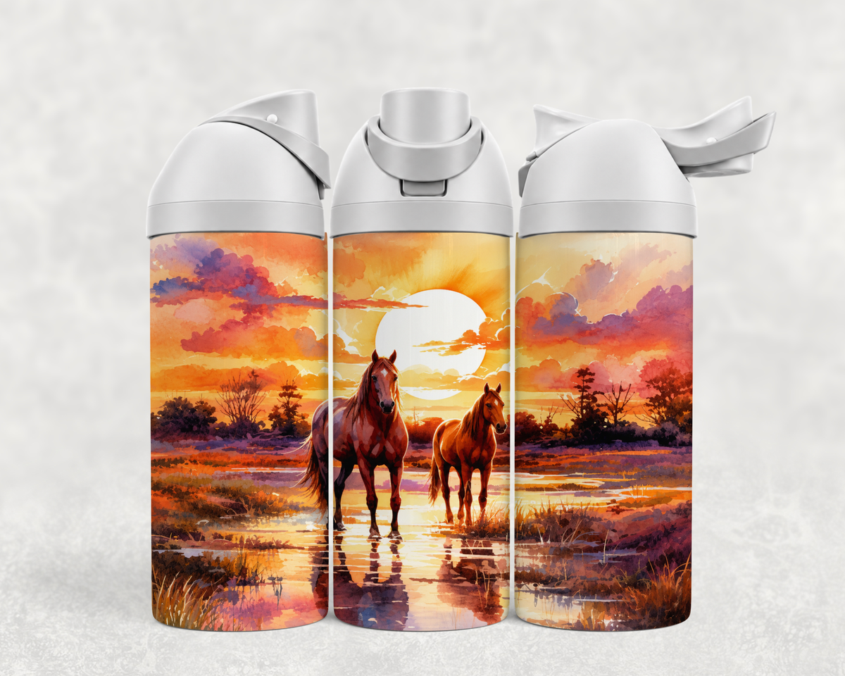 Bouteille Wave 24 oz personnalisée – Chevaux au coucher de soleil