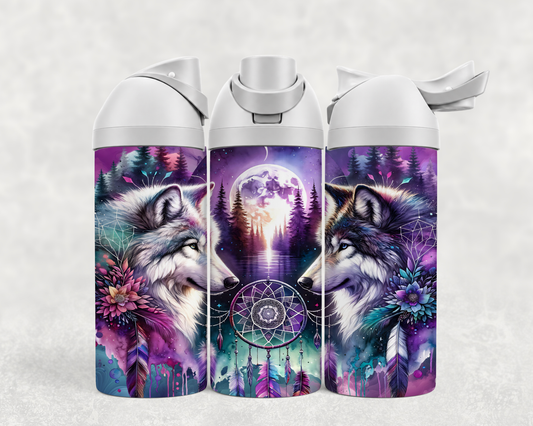 Bouteille Wave 24 oz personnalisée avec loups, pleine lune et capteur de rêves mauve