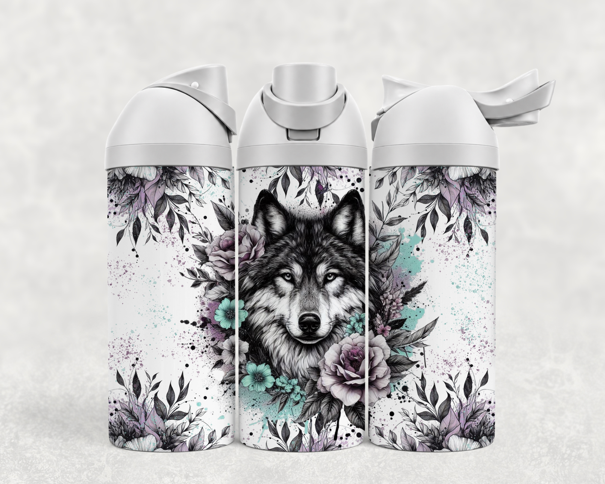 Bouteille Wave 24 oz personnalisée avec loup noir et blanc, roses et touches turquoise