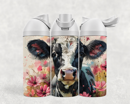 Bouteille Wave 24 oz personnalisée – Vache noire et blanche et fleurs roses