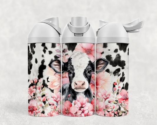 Bouteille Wave 24 oz personnalisée – Motif vache et fleurs roses