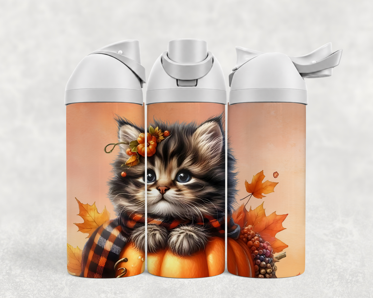 Bouteille Wave 24 oz personnalisée – Chaton d'automne, citrouille et foulard à carreaux