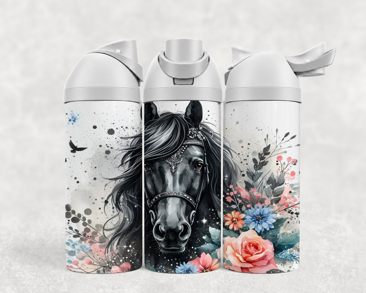Bouteille Wave 24 oz personnalisée – Cheval noir aquarelle et roses