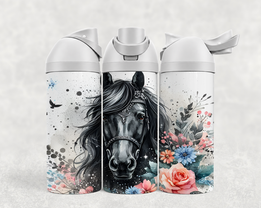 Bouteille Wave 24 oz personnalisée – Cheval noir aquarelle et roses