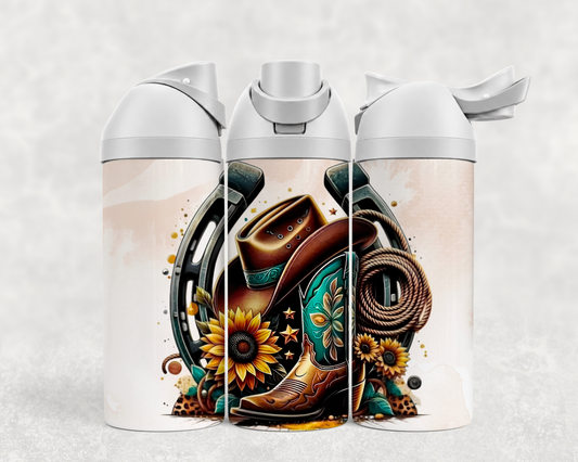 Bouteille Wave 24 oz personnalisée – Botte western, chapeau, fer à cheval et tournesol