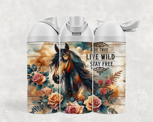 Bouteille Wave 24 oz personnalisée – Cheval « Live Wild, Stay Free » et roses