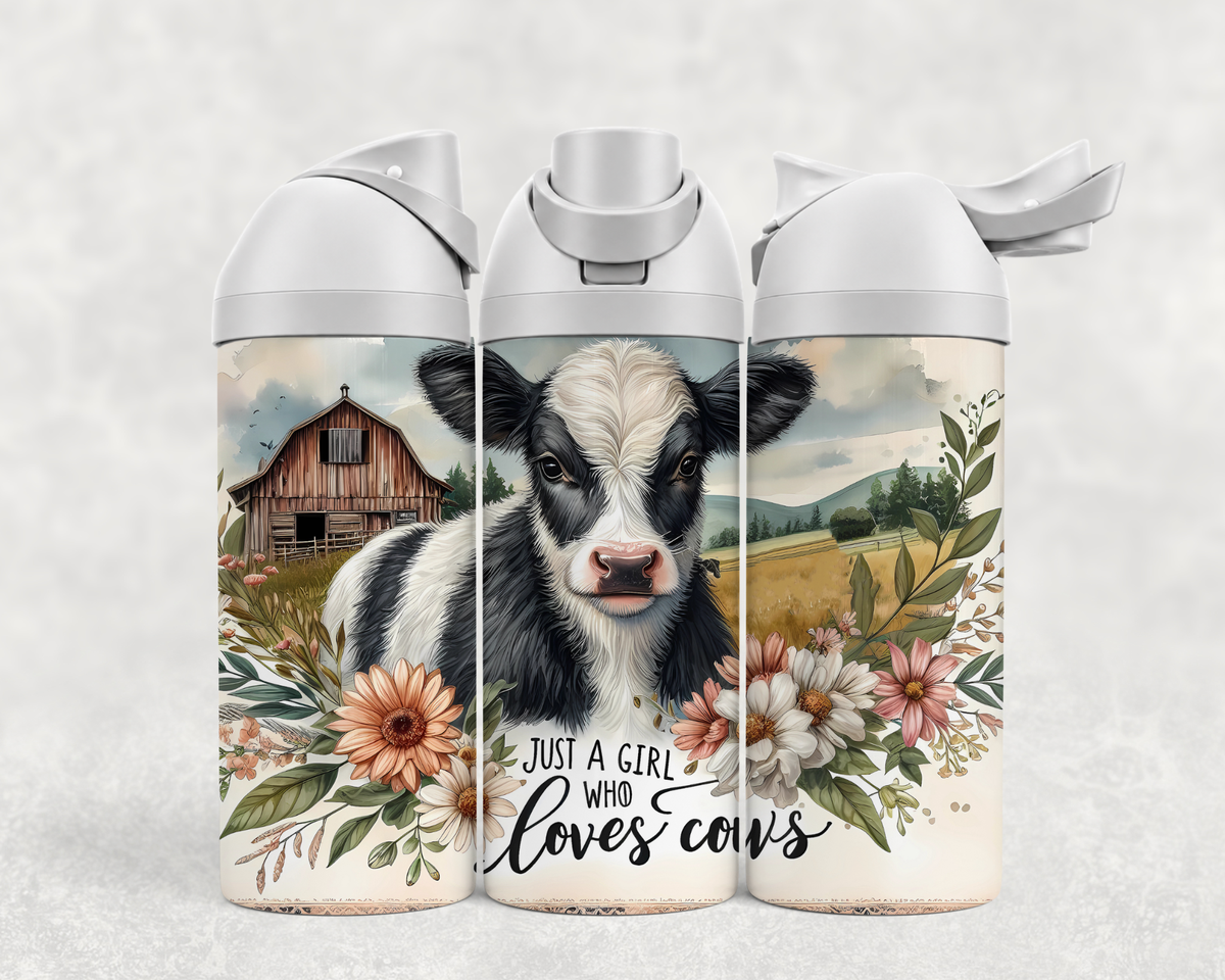 Bouteille Wave 24 oz personnalisée – Vache « Just a girl who loves cows », grange et fleurs