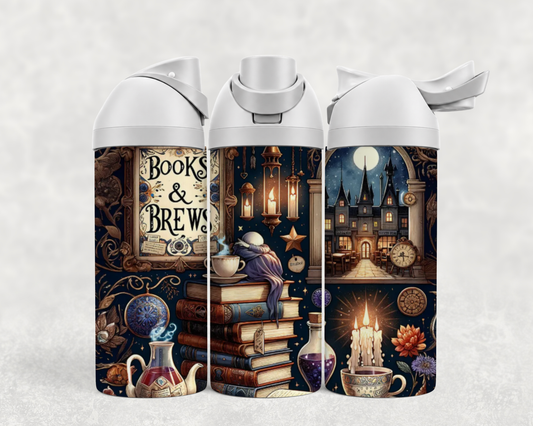 Bouteille Wave 24 oz personnalisée – « Books & Brew », livres, potions et château