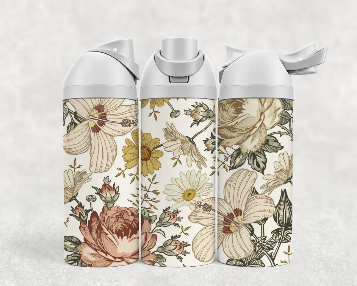 Bouteille Wave 24 oz personnalisée – Fleurs vintage crème et pêche