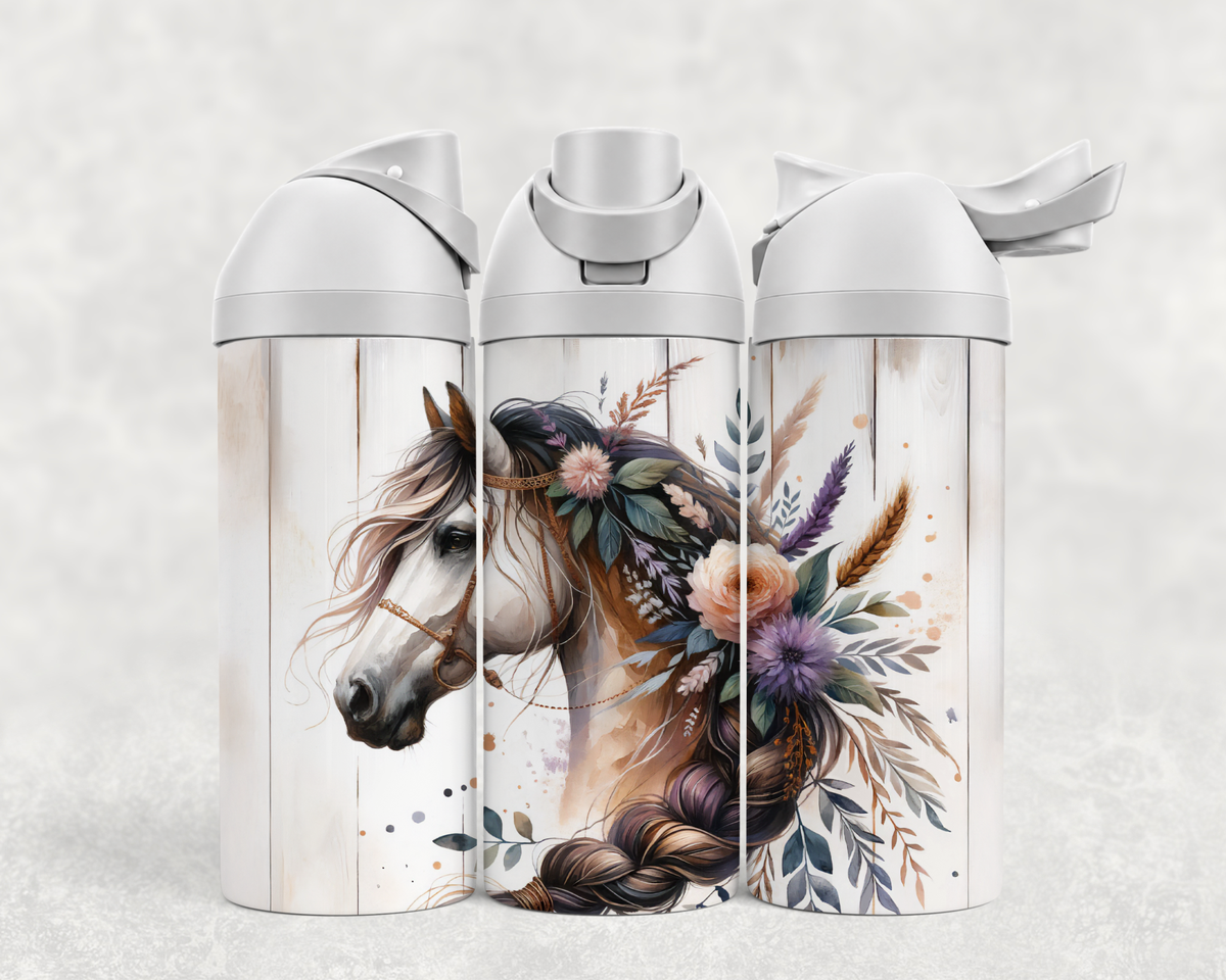 Bouteille Wave 24 oz personnalisée – Cheval blanc bohème et fleurs mauves