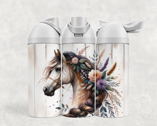 Bouteille Wave 24 oz personnalisée – Cheval blanc bohème et fleurs mauves