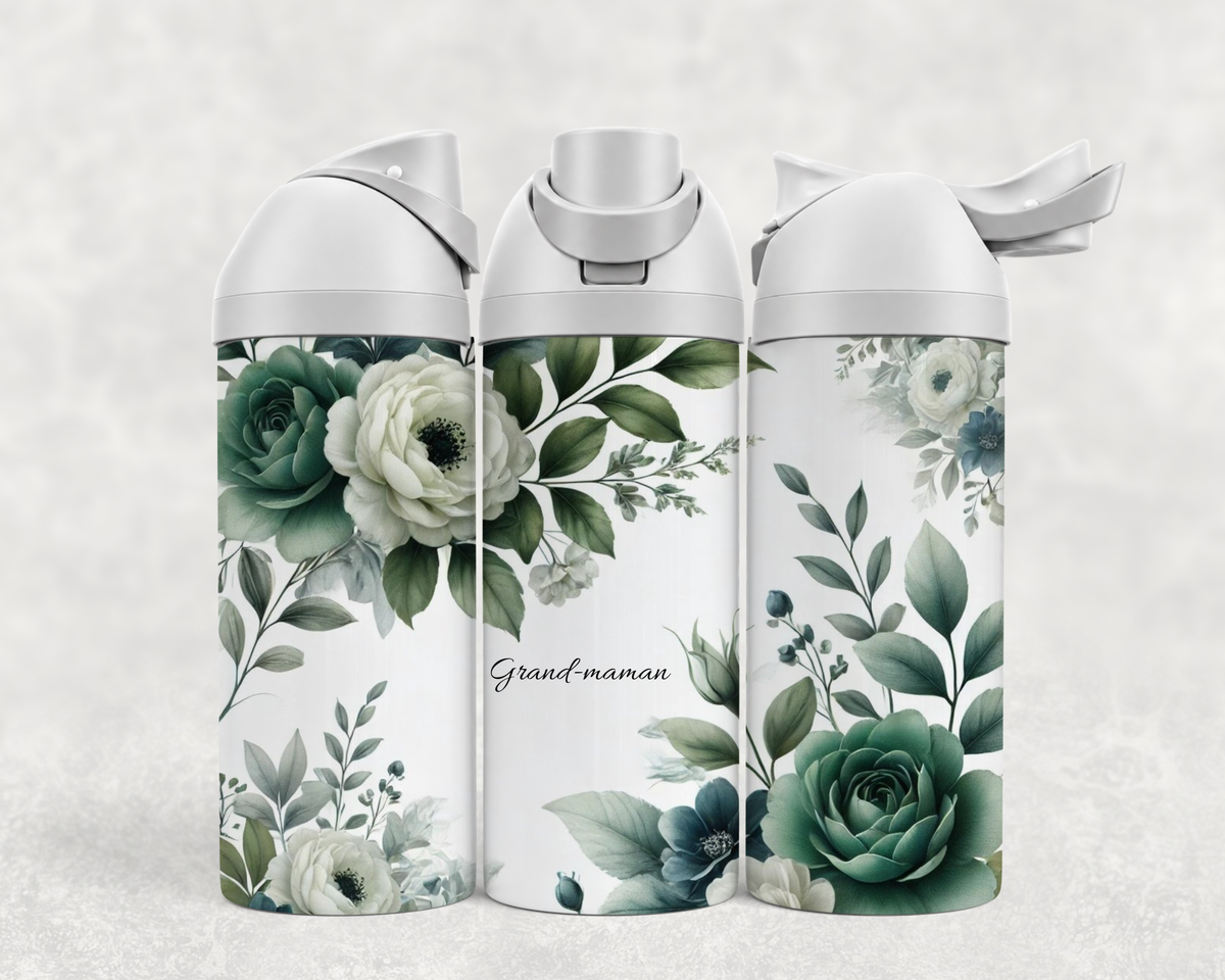 Bouteille Wave 24 oz personnalisée – Roses vert émeraude et feuillage