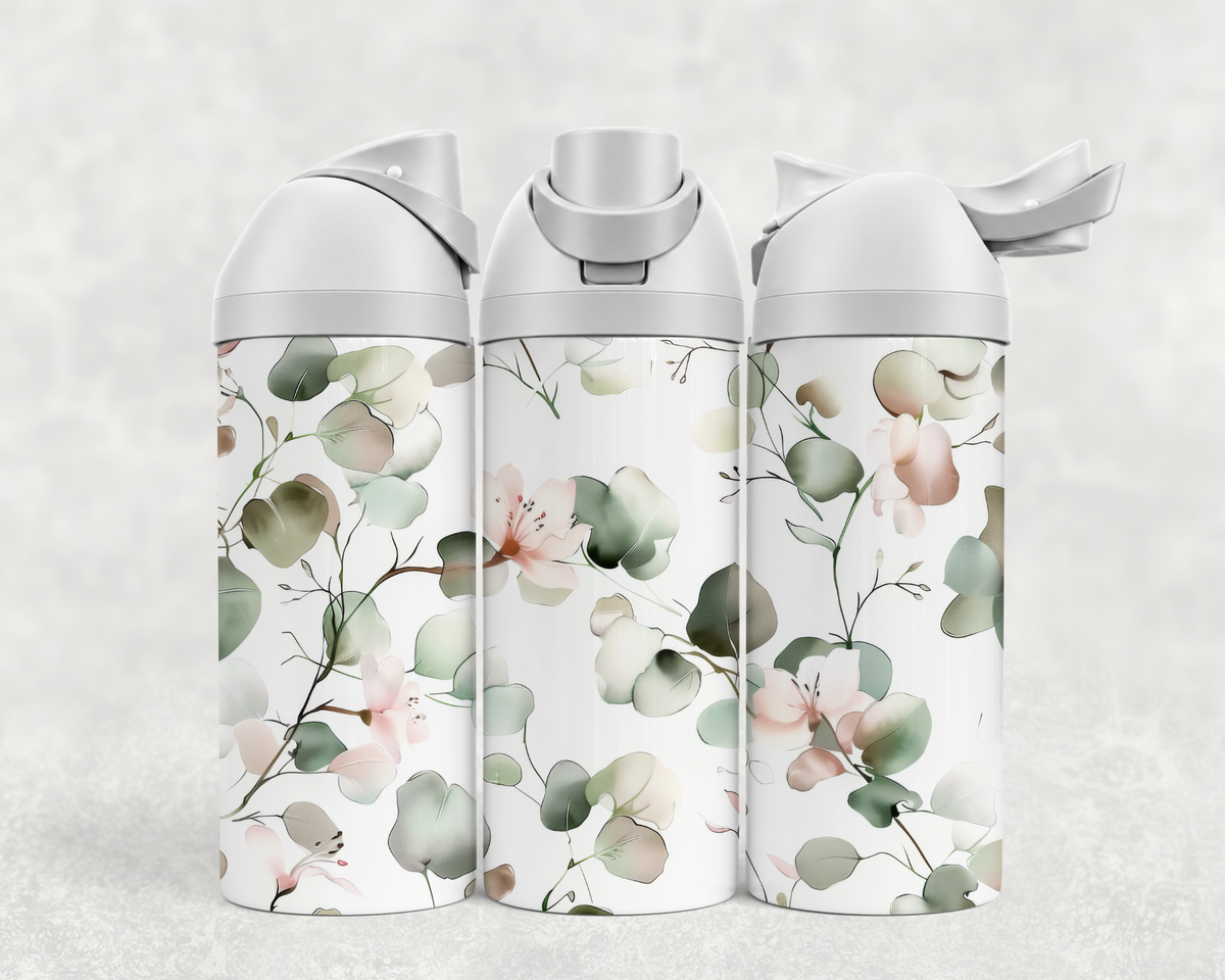 Bouteille Wave 24 oz personnalisée – Eucalyptus et petites fleurs roses