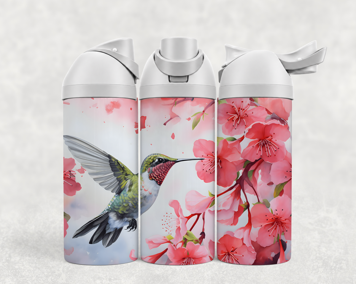 Bouteille Wave 24 oz personnalisée – Colibri et fleurs de cerisier roses