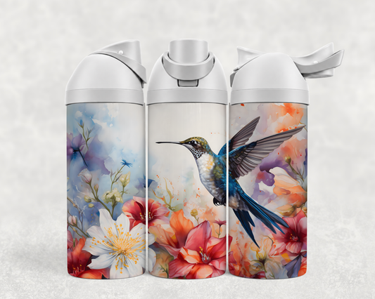 Bouteille Wave 24 oz personnalisée – Colibri aquarelle et fleurs colorées
