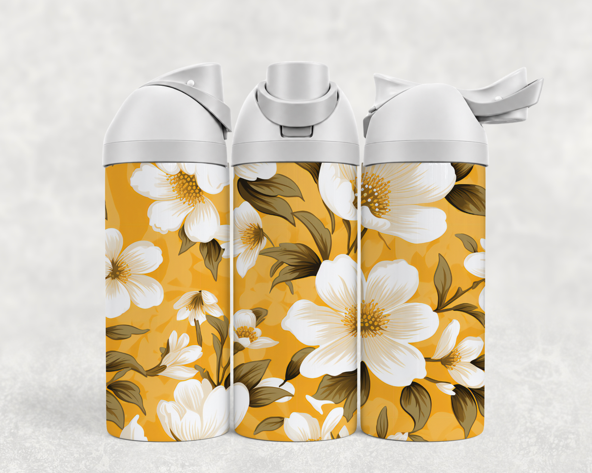Bouteille Wave 24 oz personnalisée – Fleurs blanches sur fond moutarde