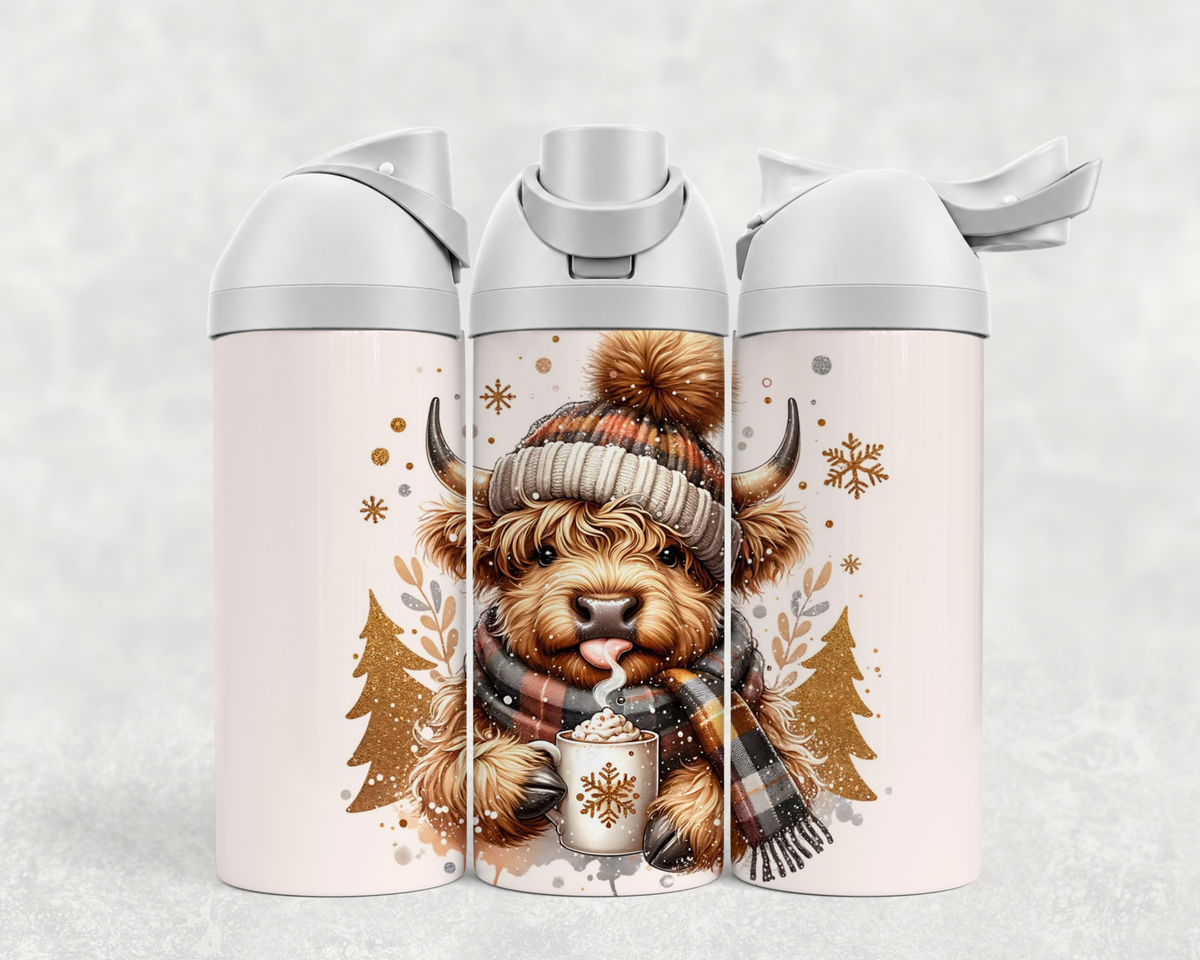 Bouteille Wave 24 oz personnalisée – Bébé Highland d'hiver, tuque et chocolat chaud