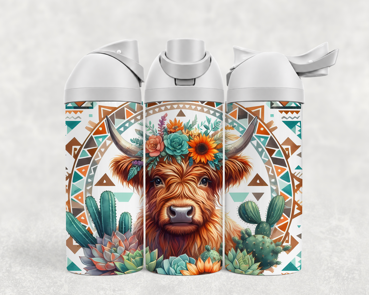 Bouteille Wave 24 oz personnalisée – Bébé Highland western, motif aztèque et cactus