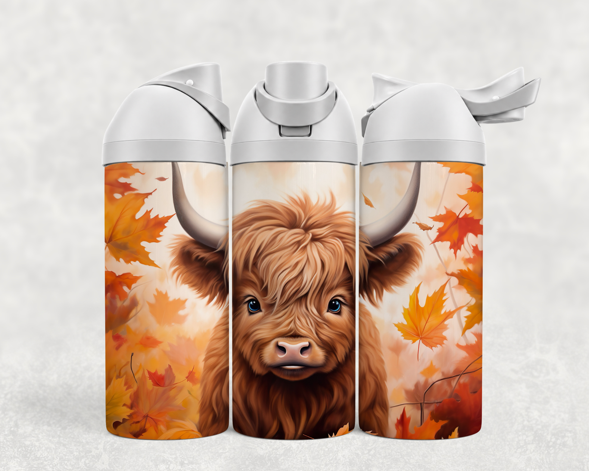 Bouteille Wave 24 oz personnalisée – Bébé Highland et feuilles d'automne orangées