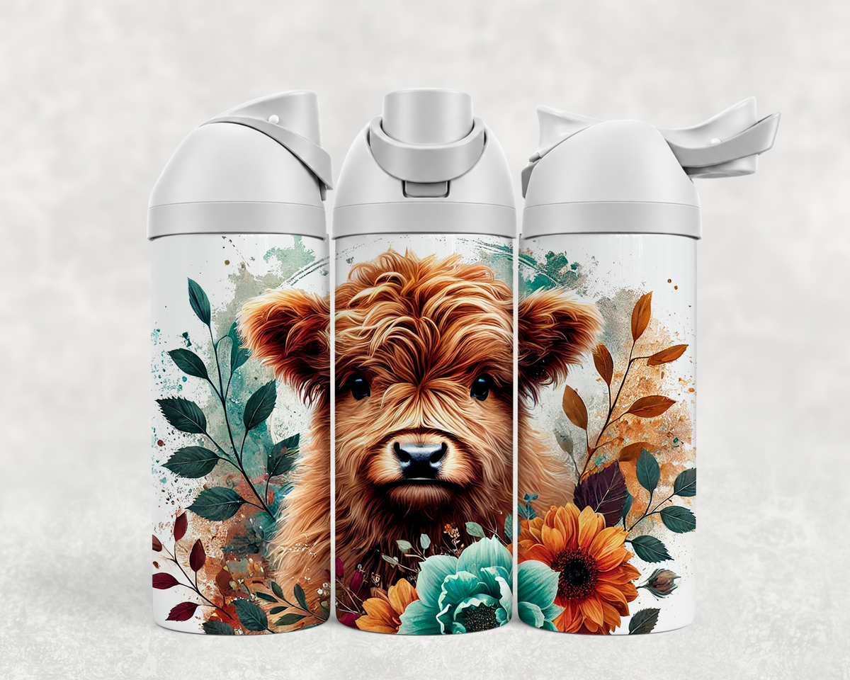 Bouteille Wave 24 oz personnalisée – Bébé Highland, fleurs turquoise et tournesols
