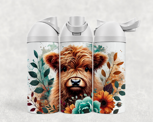 Bouteille Wave 24 oz personnalisée – Bébé Highland, fleurs turquoise et tournesols