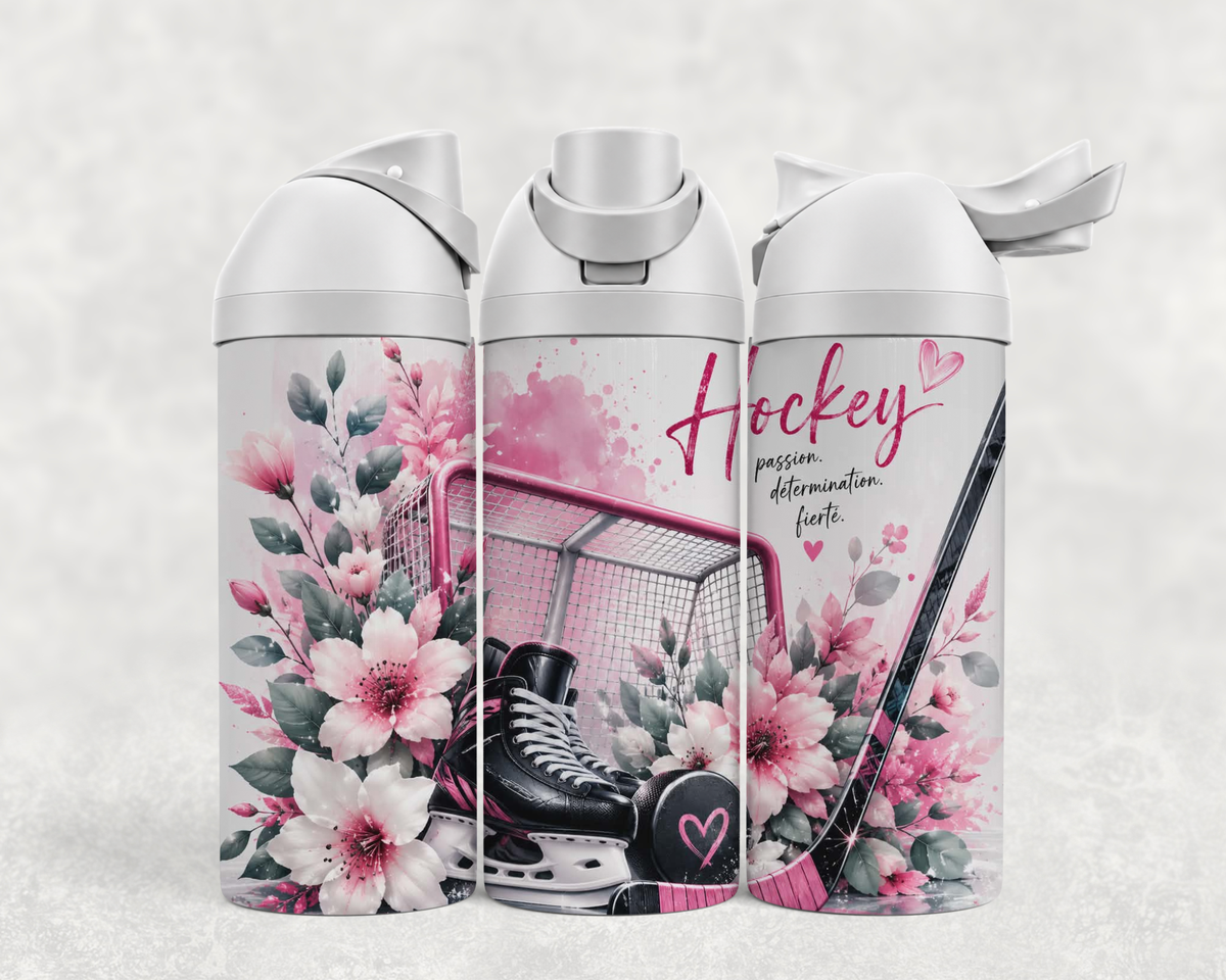 Bouteille Wave 24 oz personnalisée – Hockey rose, patins et fleurs