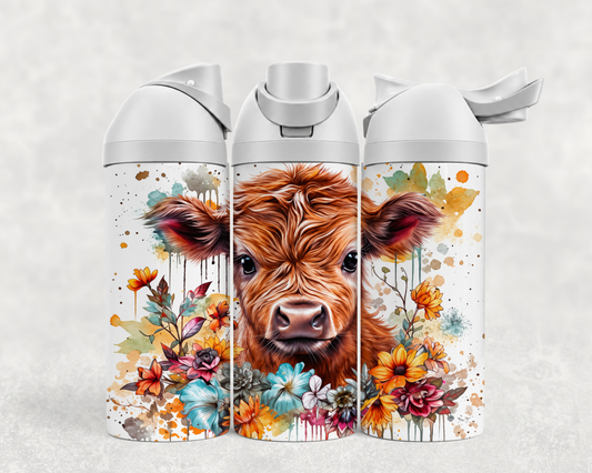 Bouteille Wave 24 oz personnalisée – Bébé Highland et fleurs éclatantes