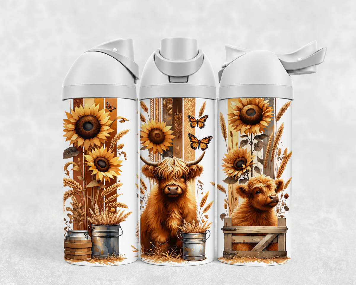 Bouteille Wave 24 oz personnalisée – Tournesols et bébés Highland rustiques