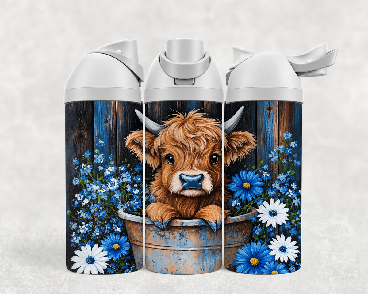 Bouteille Wave 24 oz personnalisée – Bébé Highland, seau et fleurs bleues