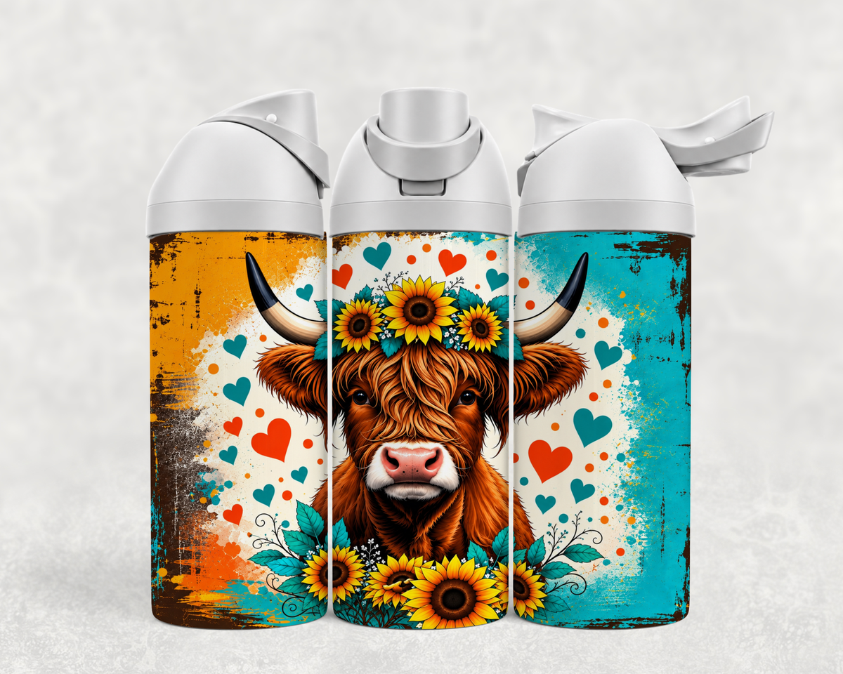 Bouteille Wave 24 oz personnalisée – Highland, tournesols et cœurs sur fond turquoise