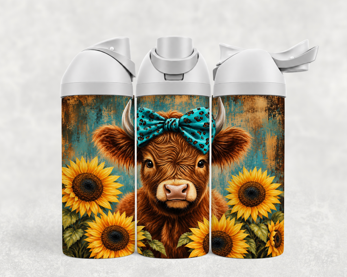 Bouteille Wave 24 oz personnalisée – Highland à boucle turquoise et tournesols
