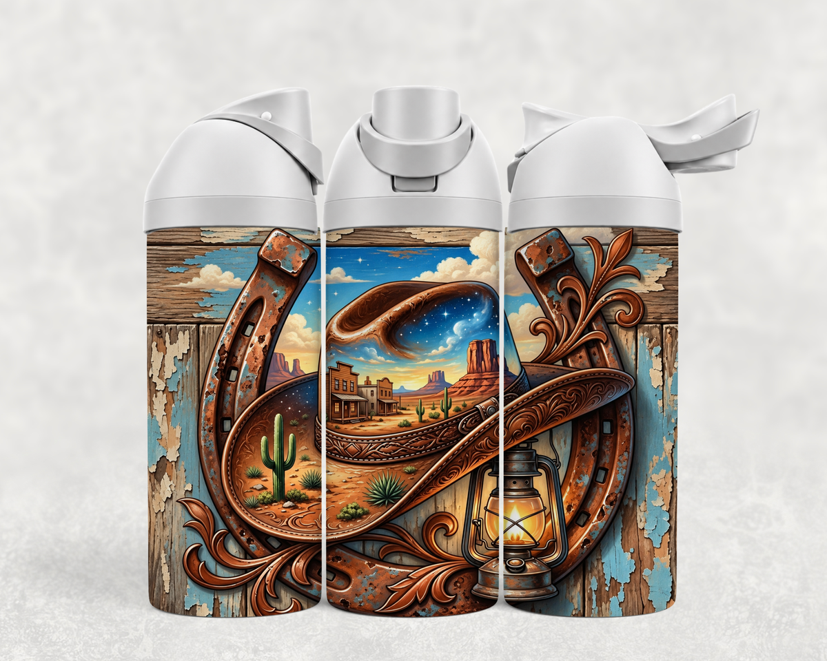 Bouteille Wave 24 oz personnalisée – Fers à cheval, désert et cuir western