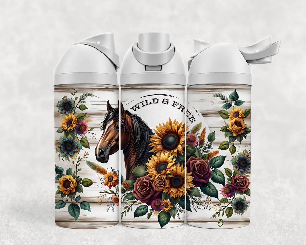 Bouteille Wave 24 oz personnalisée avec cheval brun Wild & Free, tournesols et roses