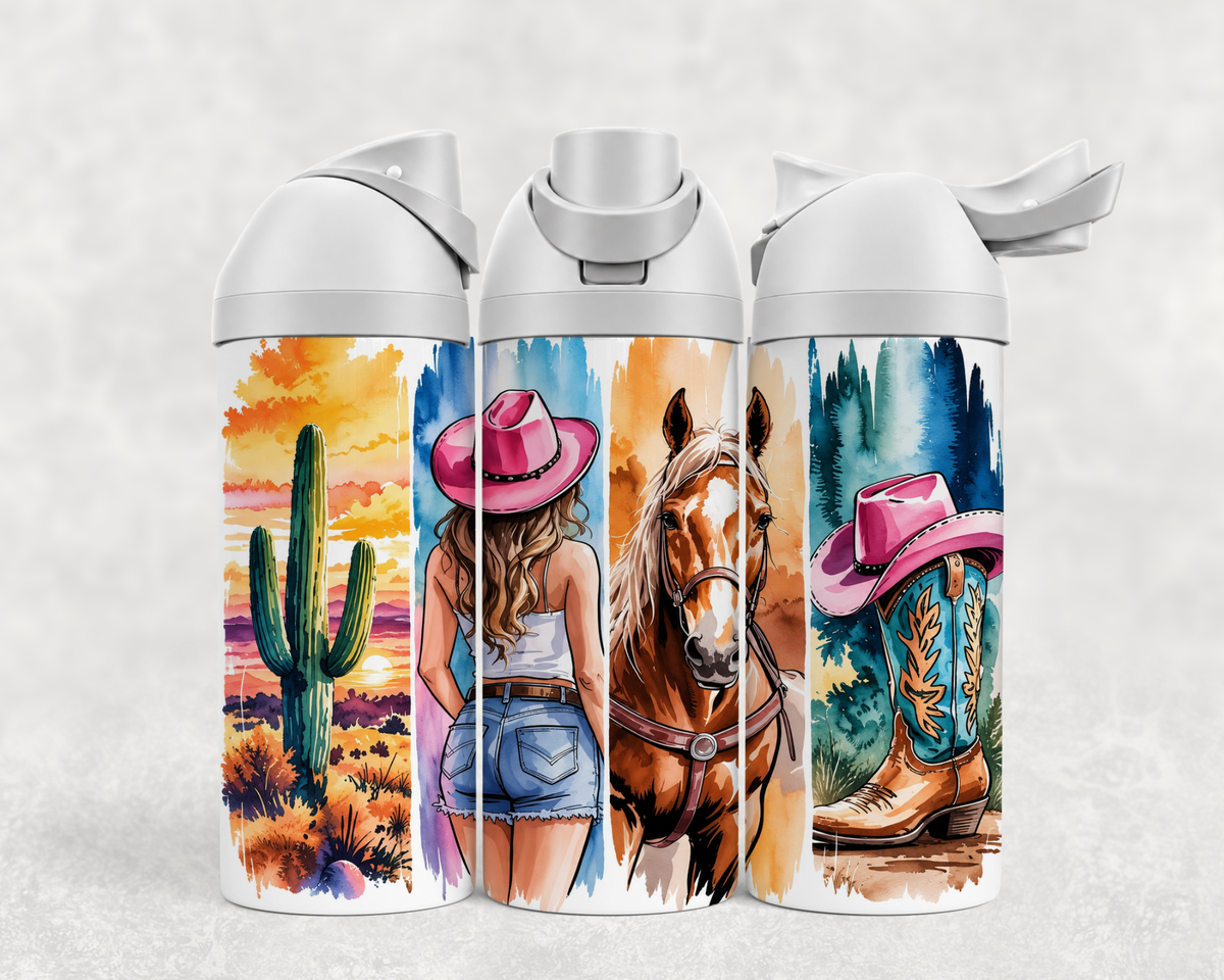 Bouteille Wave 24 oz personnalisée – Cowgirl, cheval et désert au coucher du soleil