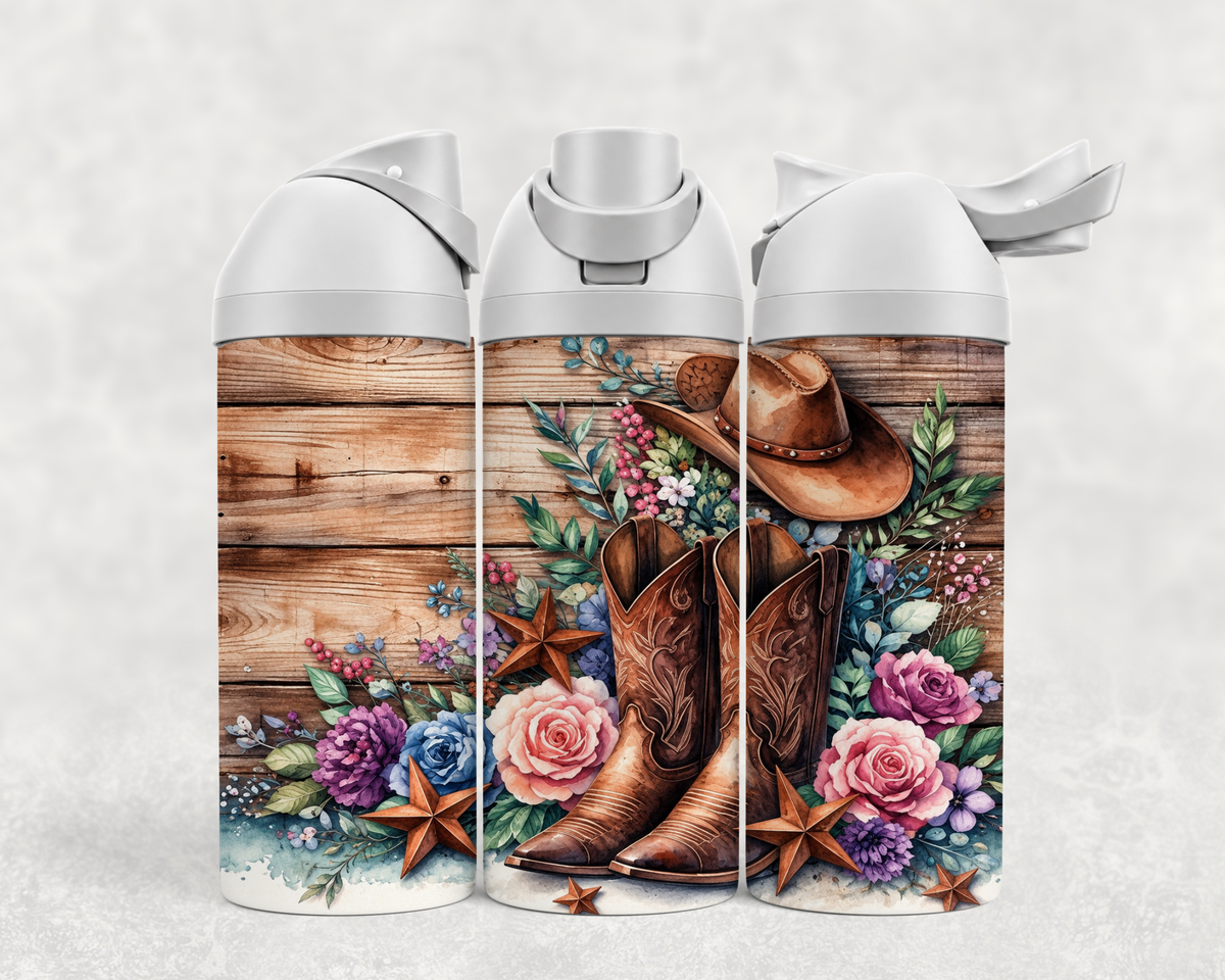 Bouteille Wave 24 oz personnalisée – Bottes western, chapeau et roses sur bois
