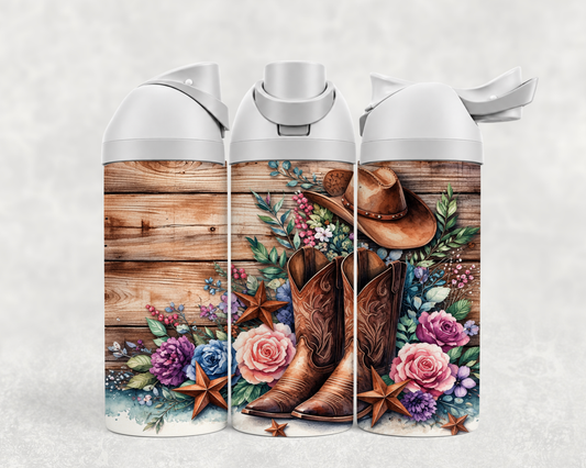 Bouteille Wave 24 oz personnalisée – Bottes western, chapeau et roses sur bois