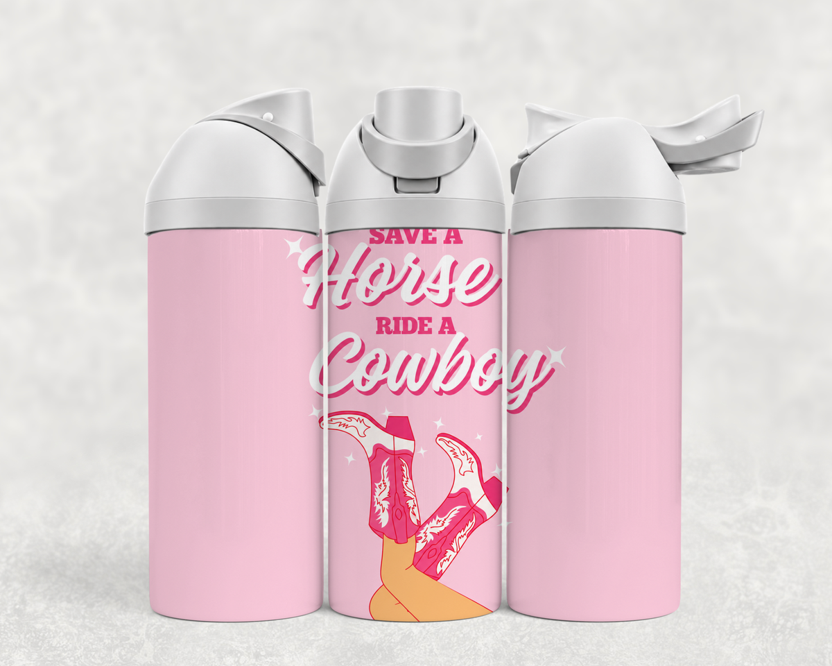 Bouteille Wave 24 oz personnalisée – « Save a Horse, Ride a Cowboy », bottes roses