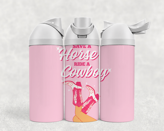 Bouteille Wave 24 oz personnalisée – « Save a Horse, Ride a Cowboy », bottes roses