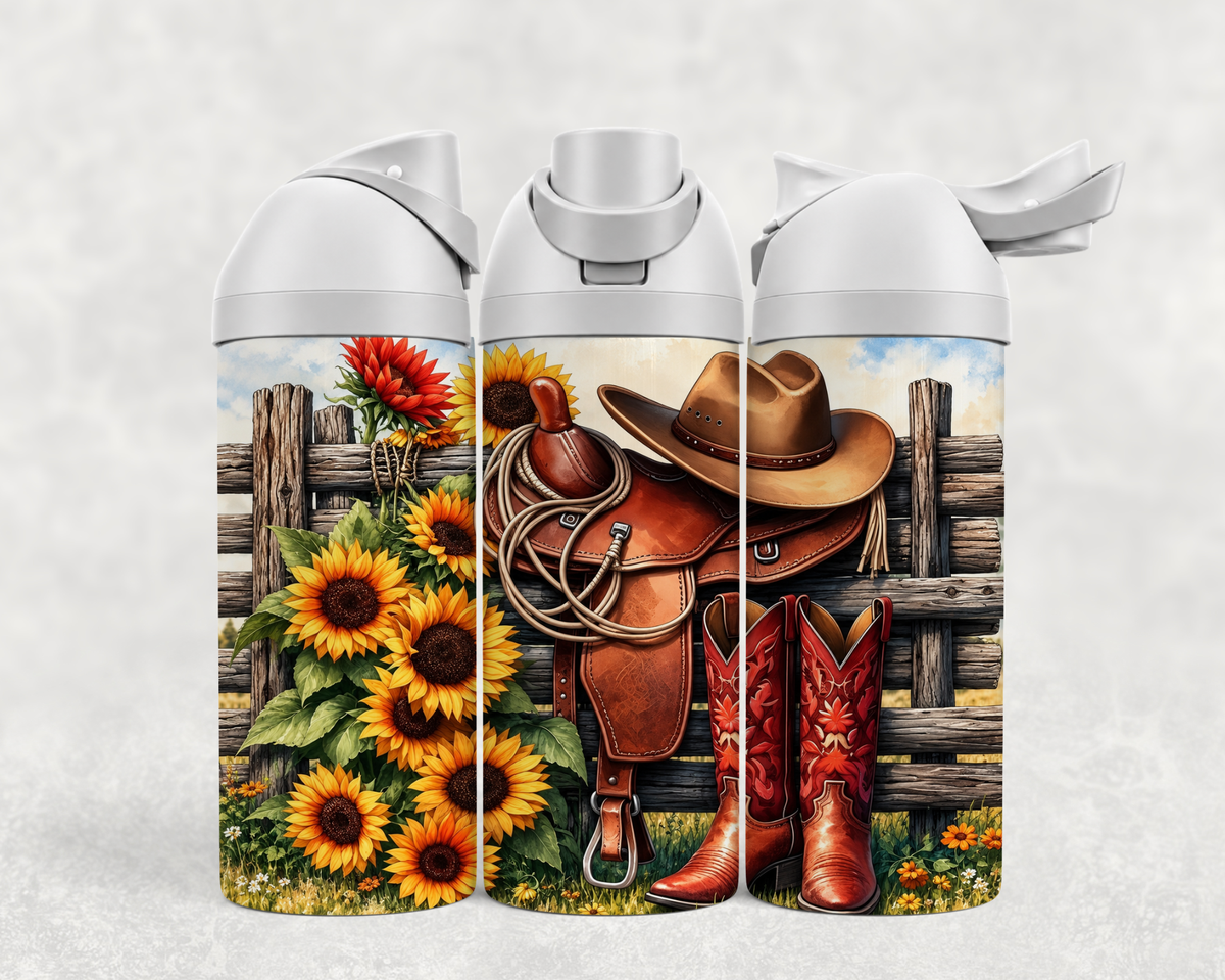 Bouteille Wave 24 oz personnalisée – Selle western, lasso, bottes et tournesols
