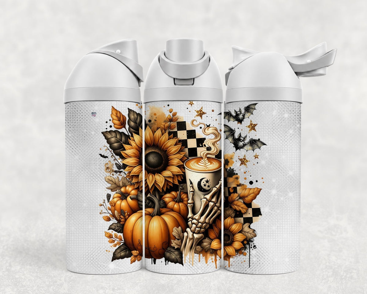 Bouteille Wave 24 oz personnalisée avec tournesol, citrouilles, latté et main de squelette, couvercle blanc
