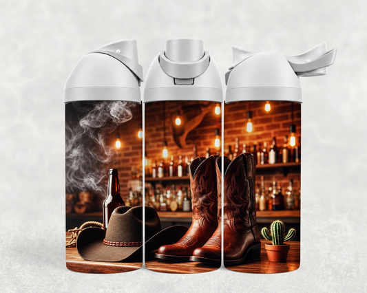 Bouteille Wave 24 oz personnalisée – Bottes et chapeau de cowboy au saloon