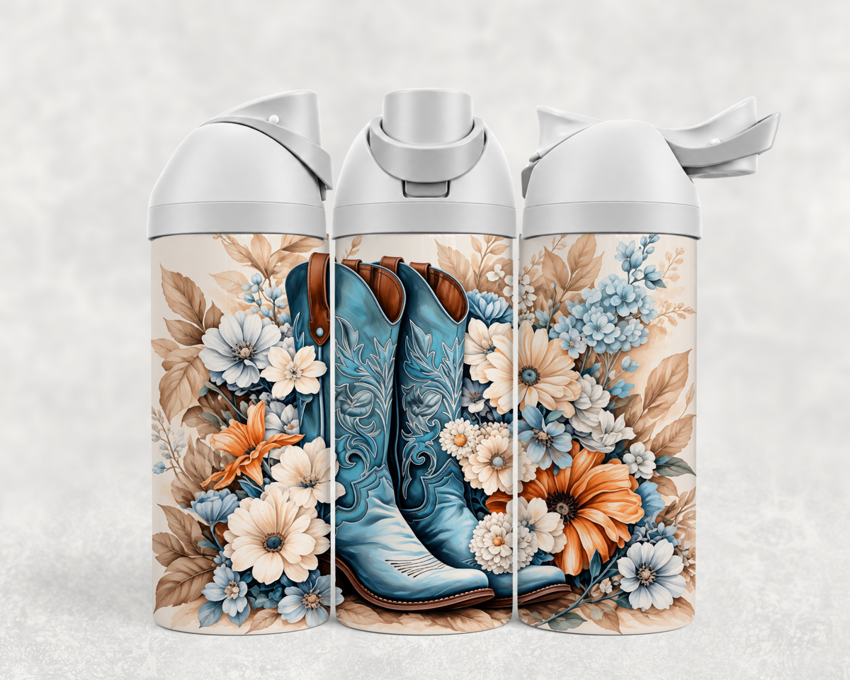 Bouteille Wave 24 oz personnalisée – Bottes western bleues et fleurs