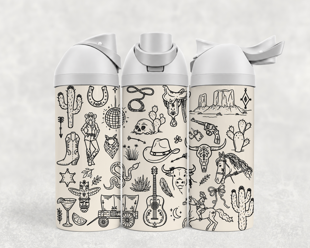 Bouteille Wave 24 oz personnalisée – Motif western dessiné, cactus et chevaux